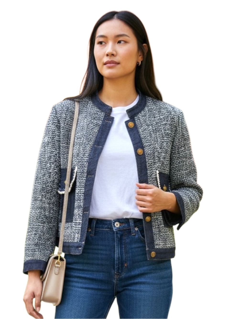 Minimary Navy Blue Tweed/Denim Accents Jacket (S)
